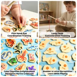 Wooden Magnetic Fishing Toy Montessori Marine Cognition Hand Eye Coordination Kids Early Educational Parent Child Birthday Gifts