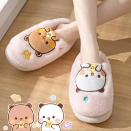 Kawaii Panda Bubu And Yier Plush Slippers Cartoon Panda Indoor Couple'S Warm Cotton Slippers Autumn And Winter Gift