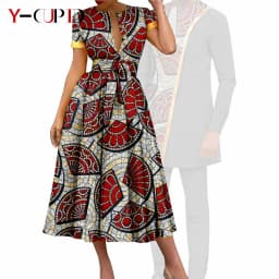 African Couple Matching Clothes Dashiki Women Print Dresses Bazin Riche Men Outfits 2 Pieces Suit Top and Pant Sets Y23C094