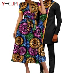 African Couple Matching Clothes Dashiki Women Print Dresses Bazin Riche Men Outfits 2 Pieces Suit Top and Pant Sets Y23C094