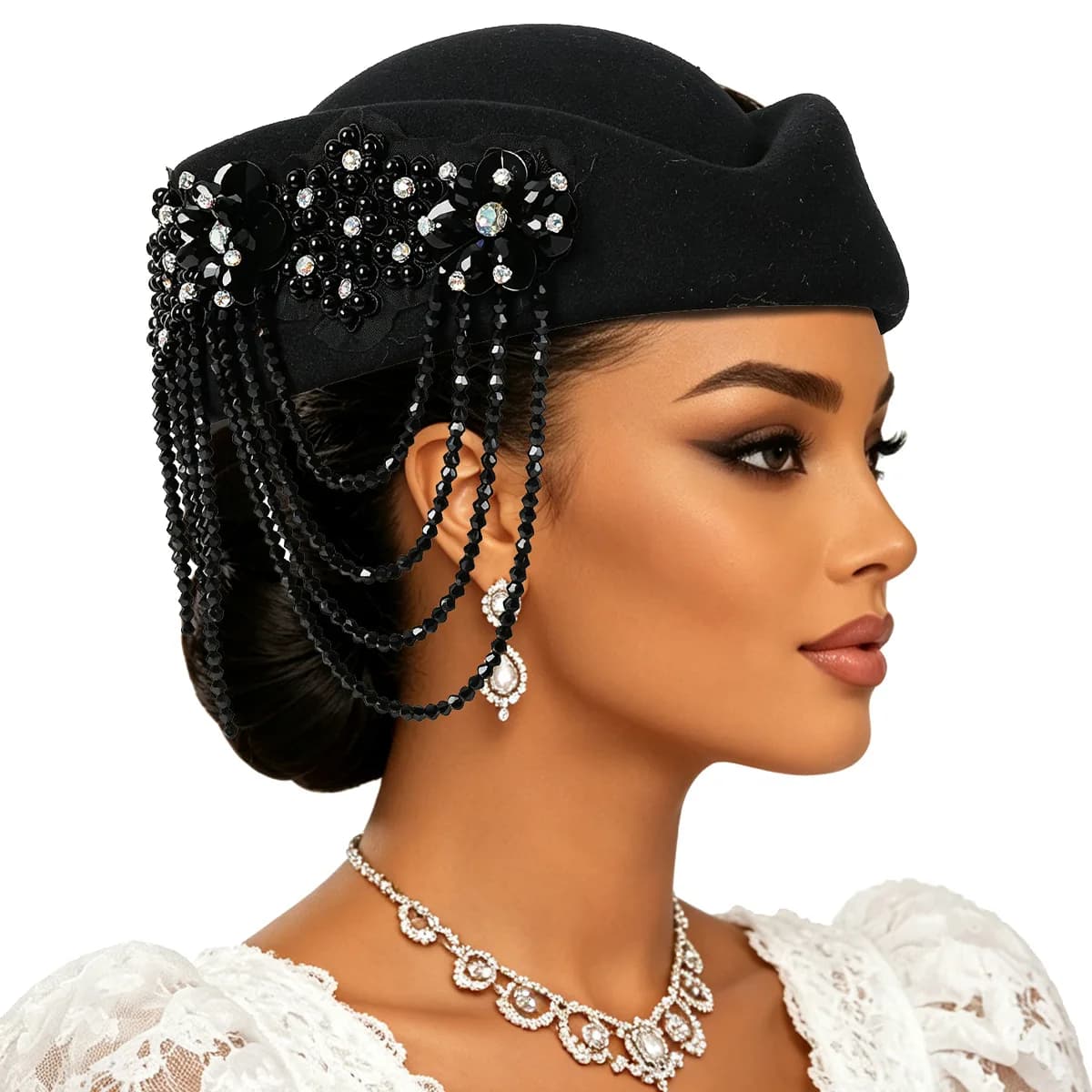 Luxury Rhinstones Church Derby Fascinator Beret Caps for Women Vintage British Felt Turban Hat Party Airline Stewardess Hat