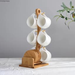 Simple Ceramic Tea Pot Set 190ml Tea Cup, Coffee Cup, Three-dimensional Bamboo and Wood Support, Striped Anti-skid Coaster