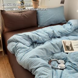 Soft Washed Cotton Bedding Set Blue Brown Stripe Duvet Cover Set With 2 Pillowcases For Daily Bedroom Decor Twin Queen No Sheet