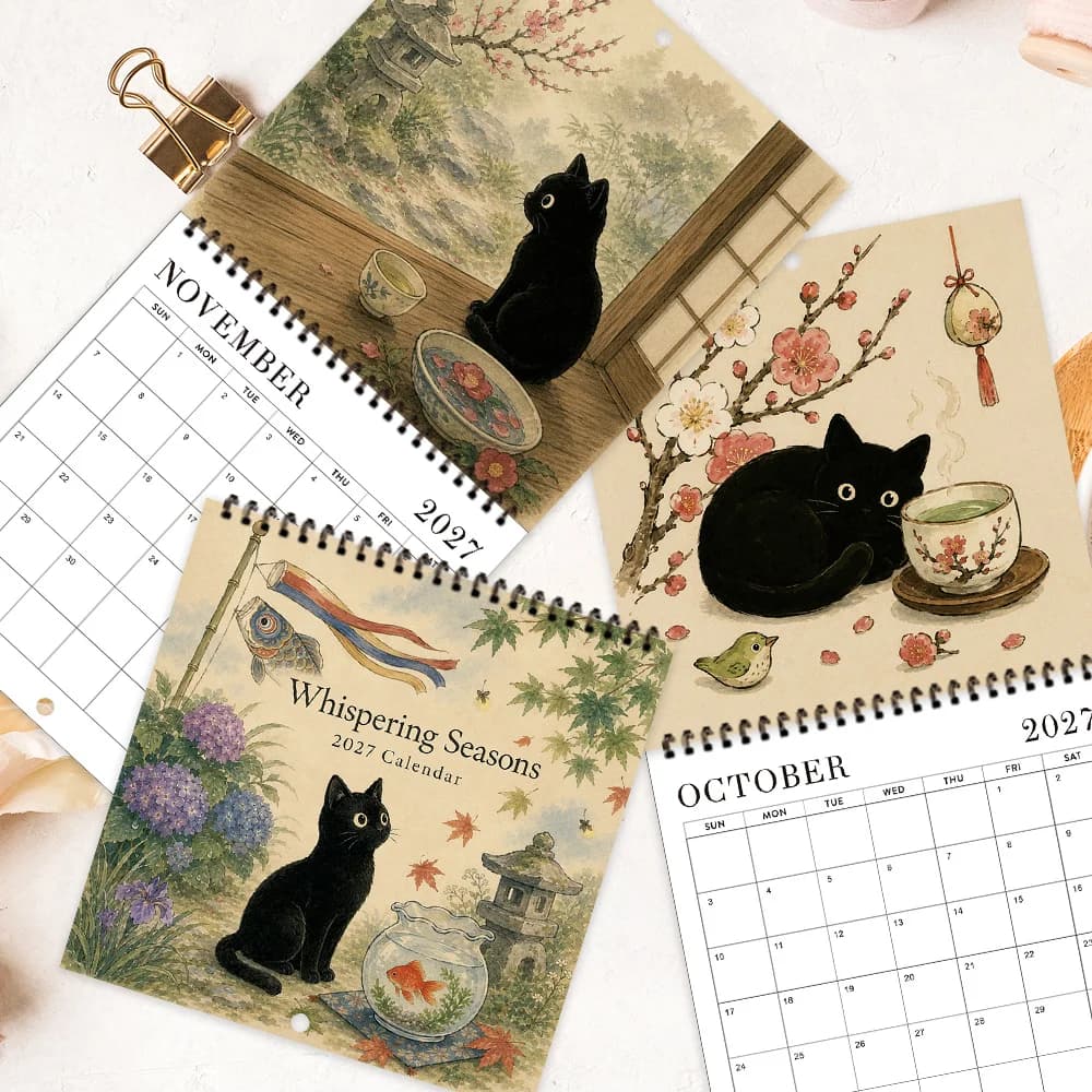 1pc 2027 Wall Calendar, Ukiyo-e Black Cat Theme, 12-month Monthly Planner, Perfect Gift For Birthdays, Christmas, New Year