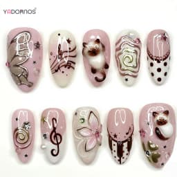 30pcs Sweet Pink Almond False Nails Cartoon Cat Music Note Polka Dot Butterfly Pattern Press On Nails French Style Manicure Art