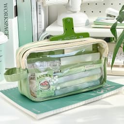 Handheld Double Layer Transparent Pencil Case Pen Bag Hitting Color Square Storage Pouch for Stationery School A7473