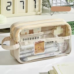 Handheld Double Layer Transparent Pencil Case Pen Bag Hitting Color Square Storage Pouch for Stationery School A7473