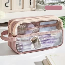 Handheld Double Layer Transparent Pencil Case Pen Bag Hitting Color Square Storage Pouch for Stationery School A7473