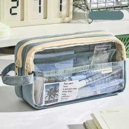 Handheld Double Layer Transparent Pencil Case Pen Bag Hitting Color Square Storage Pouch for Stationery School A7473