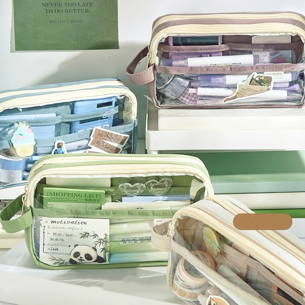 Handheld Double Layer Transparent Pencil Case Pen Bag Hitting Color Square Storage Pouch for Stationery School A7473
