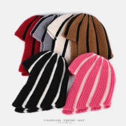 Dopamine Y2K Striped Knitted Wig‑Style Beanies for Women with Bangs Earflap Design Sweet Cute Warm Winter Casual Streetwear