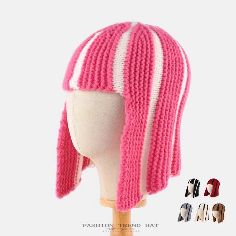 Dopamine Y2K Striped Knitted Wig‑Style Beanies for Women with Bangs Earflap Design Sweet Cute Warm Winter Casual Streetwear