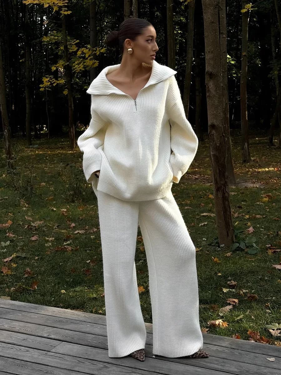 Wolfeel Women's New Autumn Winter Collared Half Zip Ribbed Knit 2-Piece Set Oversized Wide Leg Pants Fashion Sweater Suit