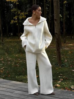 Wolfeel Women's New Autumn Winter Collared Half Zip Ribbed Knit 2-Piece Set Oversized Wide Leg Pants Fashion Sweater Suit