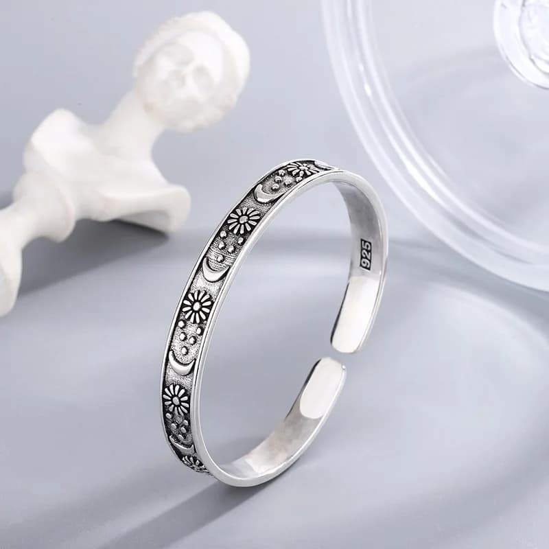 Retro Personality Star Moon And Flower 925 Sterling Silver Fashionable Ins Style Opening Bracelets SL103