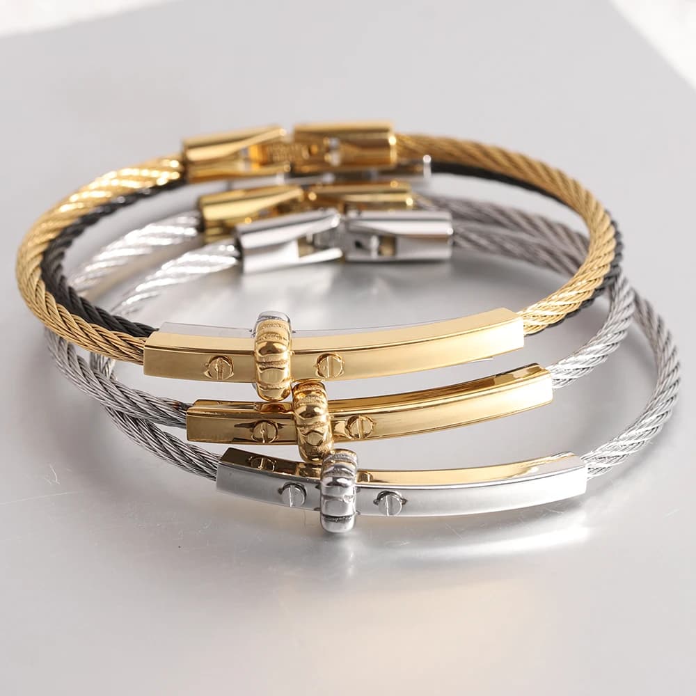 Trendy Braided Wire Bracelet with Metal Bar Accent - Durable Magnetic Lock Jewelry for Men & Women