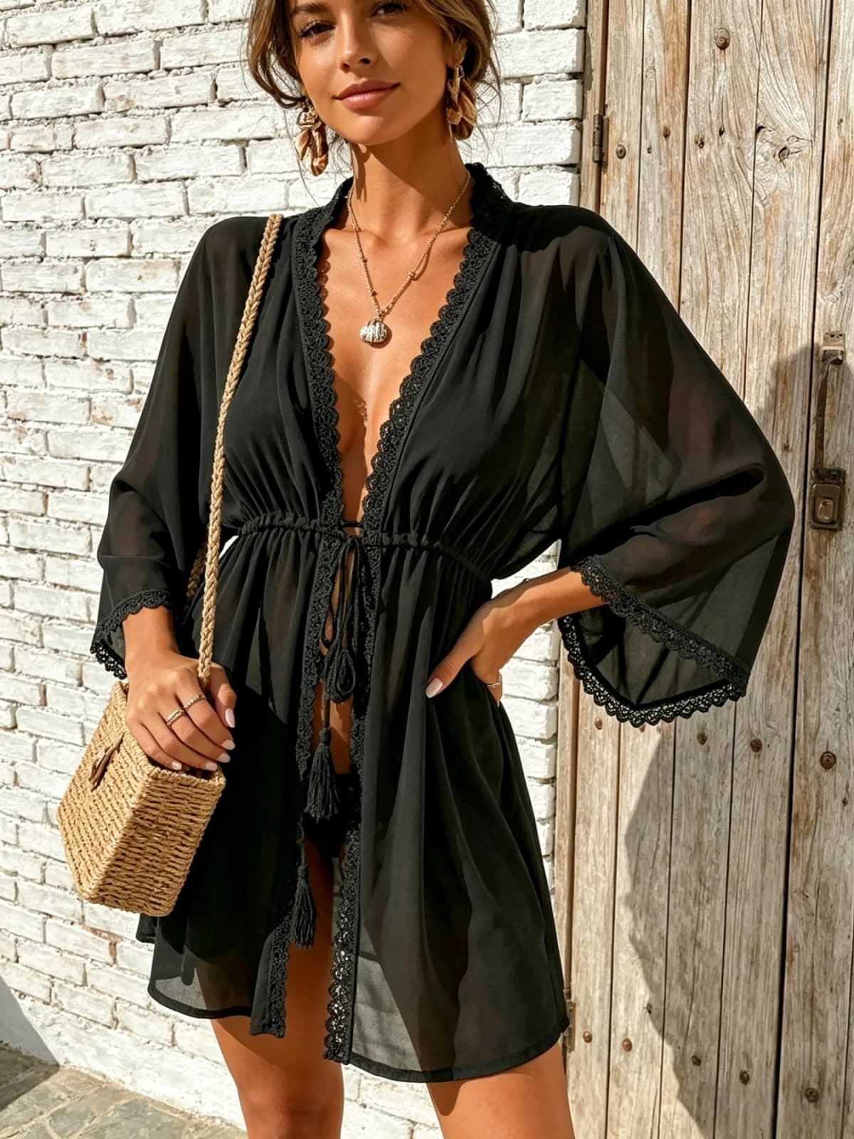 Black Sheer Chiffon Beach Cover Up Lace Trim Tassel Tie Waist Flare Sleeve Bikini Kimono Coverup