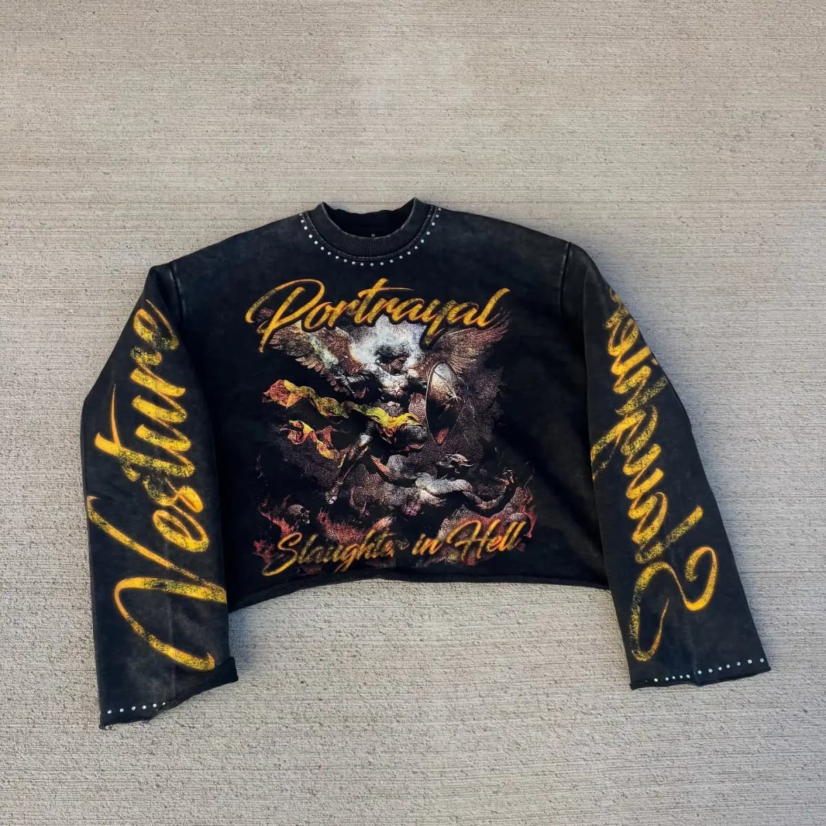 Balck Retro Gothic Oversized Long Sleeve Tees Men Women Harajuku Hip Hop Graphic Print Rhinestone T-shirts Cotton Loose Tops