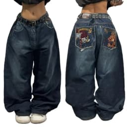 Y2K American New Trend Hip-hop Gothic Embroidered Jeans Men's Street Harajuku Leisure Loose Straight Wide-leg Pants Unisex Jeans