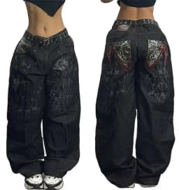 Y2K American New Trend Hip-hop Gothic Embroidered Jeans Men's Street Harajuku Leisure Loose Straight Wide-leg Pants Unisex Jeans