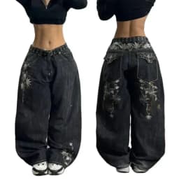 Y2K American New Trend Hip-hop Gothic Embroidered Jeans Men's Street Harajuku Leisure Loose Straight Wide-leg Pants Unisex Jeans