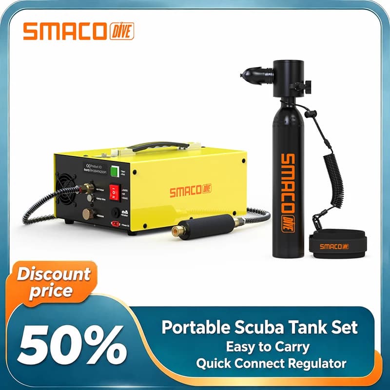 SMACO Mini Scuba Tank 0.5L Portable Diving Tank 200Bar For 16ft Depth Diving + 4500Psi Electric PCP Air Compressor AC DC Power