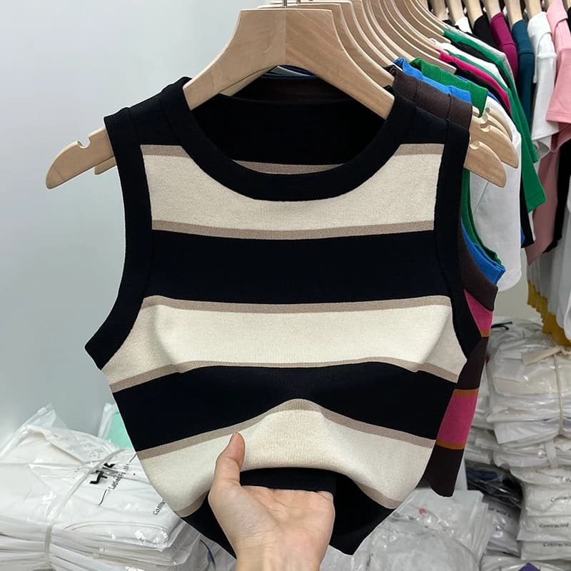 2026 Korean Style Versatile Striped Slim Tank Tops Women Summer Wearing Outside Fashion Sleeveless Top Women's Crop Tops