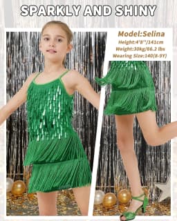 LOlanta 2Pcs Girls Sequin Latin Dance Dress Tassel Salsa Dancewear Sequin Fringe Dress Performance Outfits