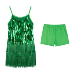 LOlanta 2Pcs Girls Sequin Latin Dance Dress Tassel Salsa Dancewear Sequin Fringe Dress Performance Outfits