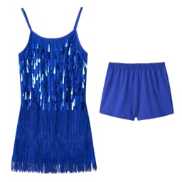 LOlanta 2Pcs Girls Sequin Latin Dance Dress Tassel Salsa Dancewear Sequin Fringe Dress Performance Outfits