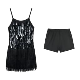 LOlanta 2Pcs Girls Sequin Latin Dance Dress Tassel Salsa Dancewear Sequin Fringe Dress Performance Outfits