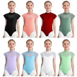 Kids Girls Lace Cap Sleeves Gymnastics Ballet Dance Leotard Sheer Mesh Cutout Bodysuit Ballet Practice Examination Dancewear