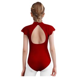 Kids Girls Lace Cap Sleeves Gymnastics Ballet Dance Leotard Sheer Mesh Cutout Bodysuit Ballet Practice Examination Dancewear