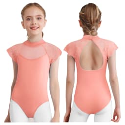 Kids Girls Lace Cap Sleeves Gymnastics Ballet Dance Leotard Sheer Mesh Cutout Bodysuit Ballet Practice Examination Dancewear