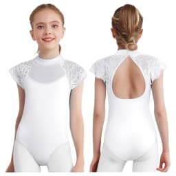 Kids Girls Lace Cap Sleeves Gymnastics Ballet Dance Leotard Sheer Mesh Cutout Bodysuit Ballet Practice Examination Dancewear