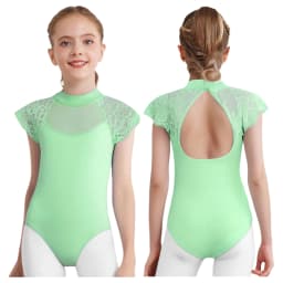 Kids Girls Lace Cap Sleeves Gymnastics Ballet Dance Leotard Sheer Mesh Cutout Bodysuit Ballet Practice Examination Dancewear