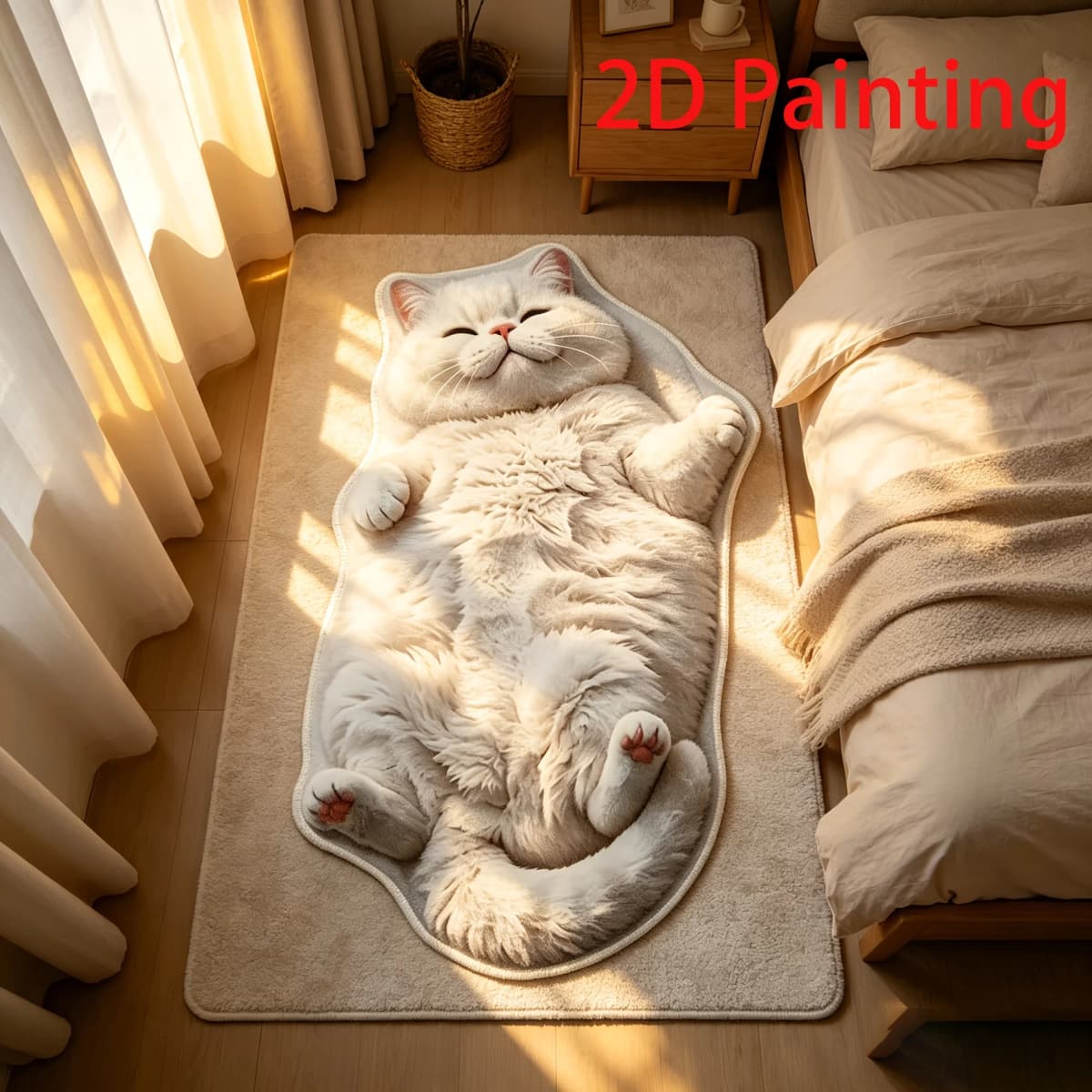 VIKAMA Lying Fluffy White Cat Shaped Doormat 2D Painting Flannel Non Slip Waterproof Floor Mat Bedroom Animal Decor Rug