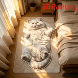 VIKAMA Lying Fluffy White Cat Shaped Doormat 2D Painting Flannel Non Slip Waterproof Floor Mat Bedroom Animal Decor Rug