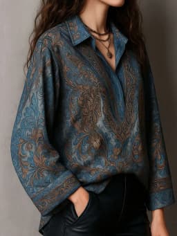 Retro Blue Paisley Print Loose Blouse Women Lapel Button Long Sleeve Basic Shirts Casual Beach Bohemian Tops blusas femmes