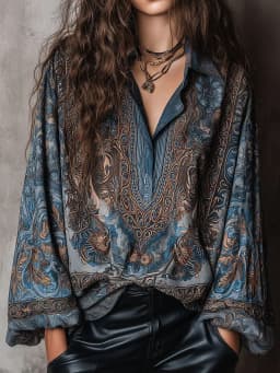 Retro Blue Paisley Print Loose Blouse Women Lapel Button Long Sleeve Basic Shirts Casual Beach Bohemian Tops blusas femmes