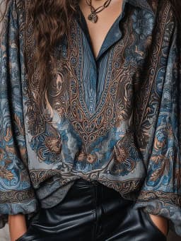 Retro Blue Paisley Print Loose Blouse Women Lapel Button Long Sleeve Basic Shirts Casual Beach Bohemian Tops blusas femmes