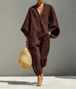 Women’s Summer Casual, Loose-Fitting, Solid-Colored, Deep V-Neck, Batwing Sleeves, Ankle-Cuffed, Nine-Inch Pants, Leisure Outfit