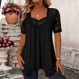 Women's Fashion Fake Two Short Sleeve Blouses Lace Hollow Out Patchwork Solid Color Cardigan Shirts Elegant Spring/Autumn 2026