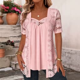 Women's Fashion Fake Two Short Sleeve Blouses Lace Hollow Out Patchwork Solid Color Cardigan Shirts Elegant Spring/Autumn 2026