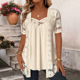 Women's Fashion Fake Two Short Sleeve Blouses Lace Hollow Out Patchwork Solid Color Cardigan Shirts Elegant Spring/Autumn 2026