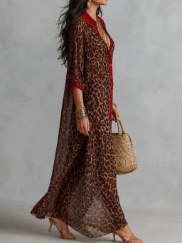 Women Leopard Print Shirt Dress Red Trim Lapel Collar Button Side Split Loose Beach Cover Up Kaftan Vacation Casual Long Dresses