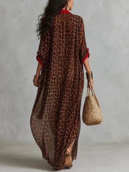 Women Leopard Print Shirt Dress Red Trim Lapel Collar Button Side Split Loose Beach Cover Up Kaftan Vacation Casual Long Dresses