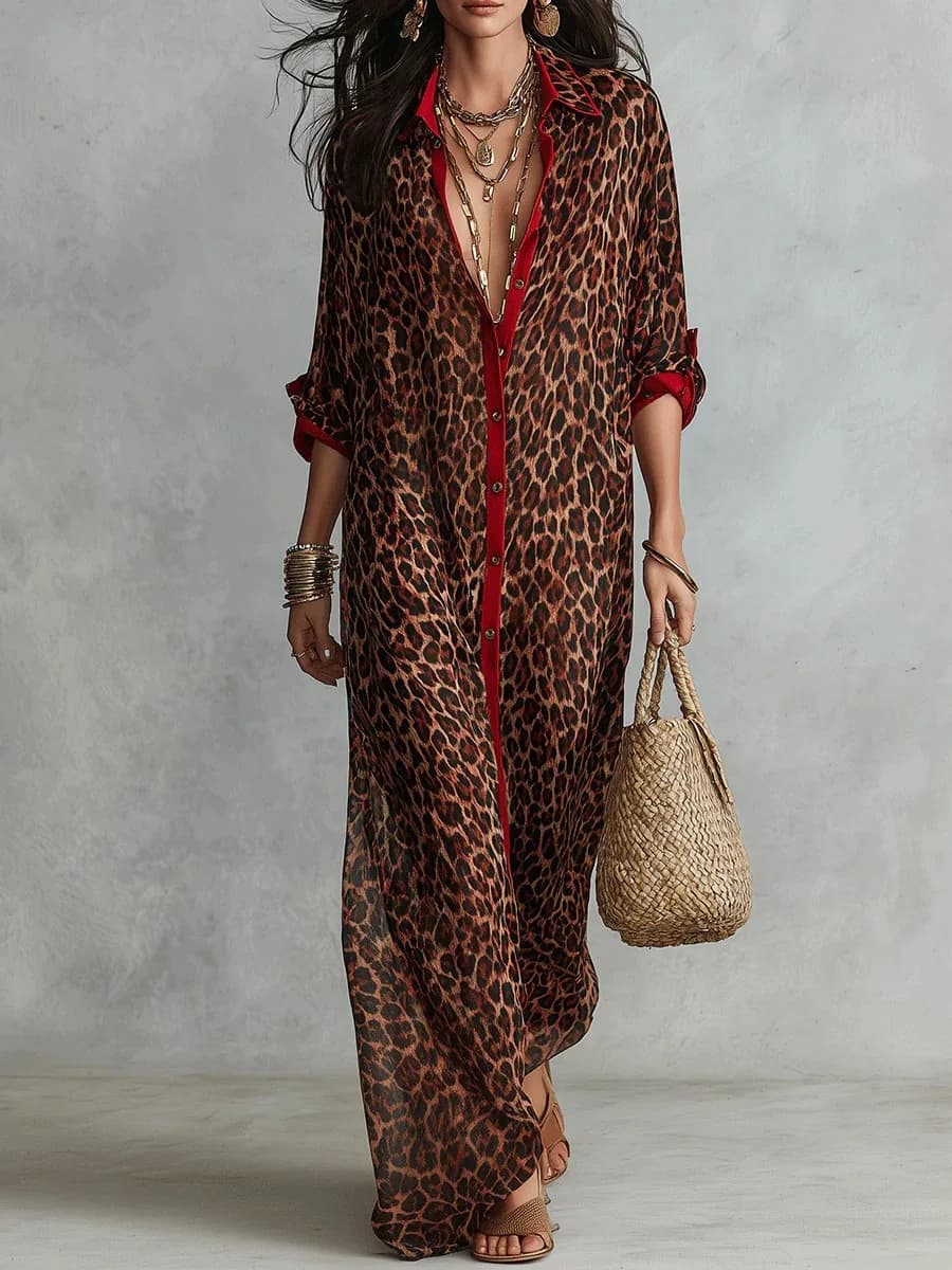 Women Leopard Print Shirt Dress Red Trim Lapel Collar Button Side Split Loose Beach Cover Up Kaftan Vacation Casual Long Dresses