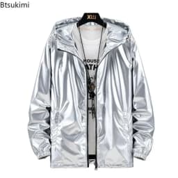 Men's Fashion Bright Surface Hooded Jackets Men Hiking Fishing Outdoor Sport Windbreak Thin Style Coats Trend Men's Clothing 7XL