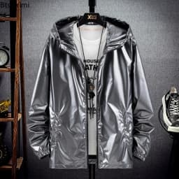 Men's Fashion Bright Surface Hooded Jackets Men Hiking Fishing Outdoor Sport Windbreak Thin Style Coats Trend Men's Clothing 7XL